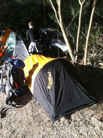I slept in a sleeping bag on a 1-inch thick foam pad in this Eureka Solitaire 1-man tent. 