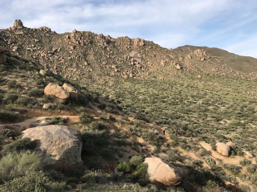 The thumb is sticking up on the horizon on the far left 